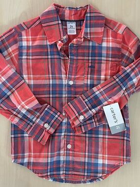 NWT Carter's Red Plaid Button-Down Shirt with Blue Accents